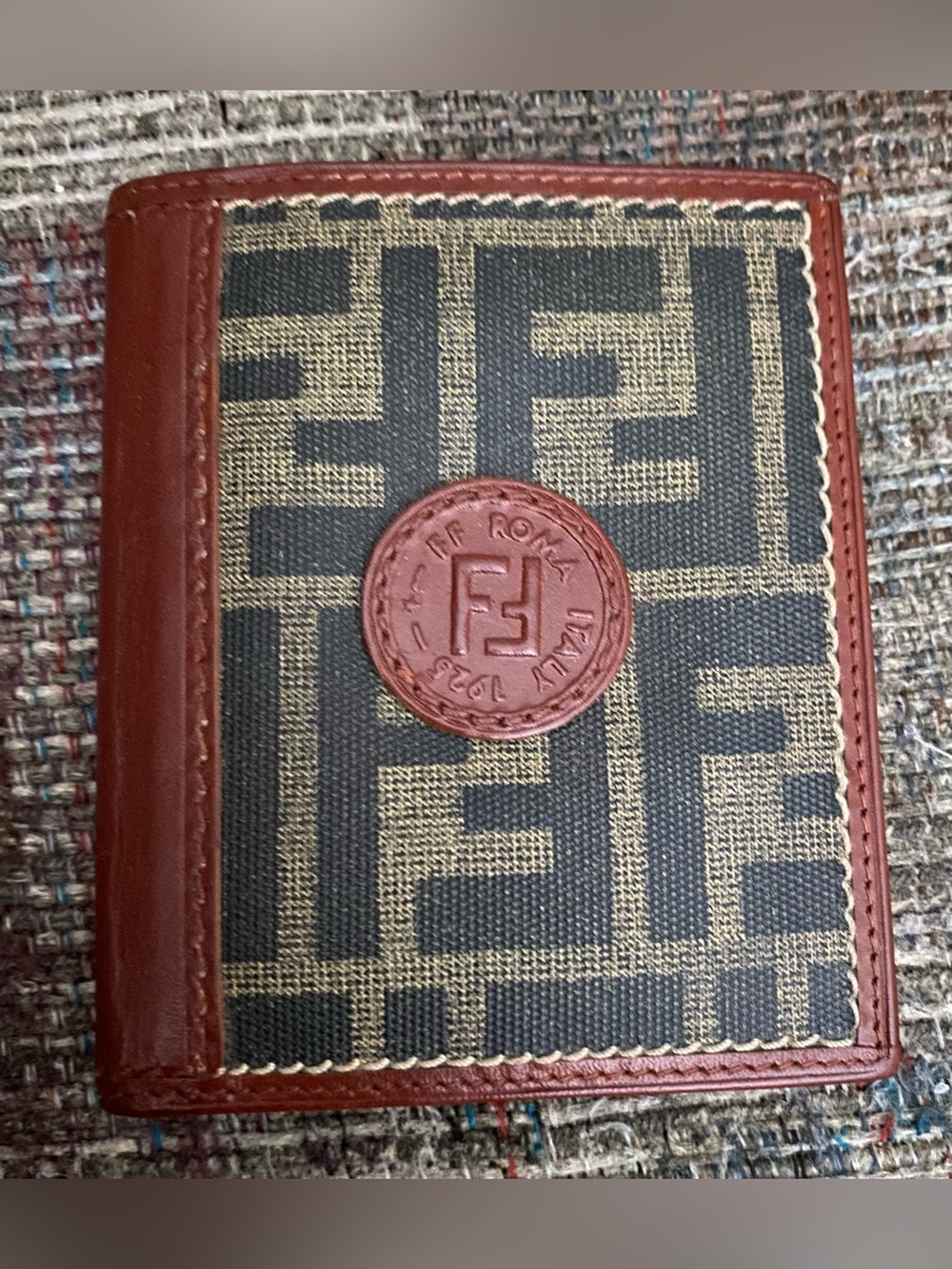 Fendi Brown and Beige FF Logo Bifold Wallet.